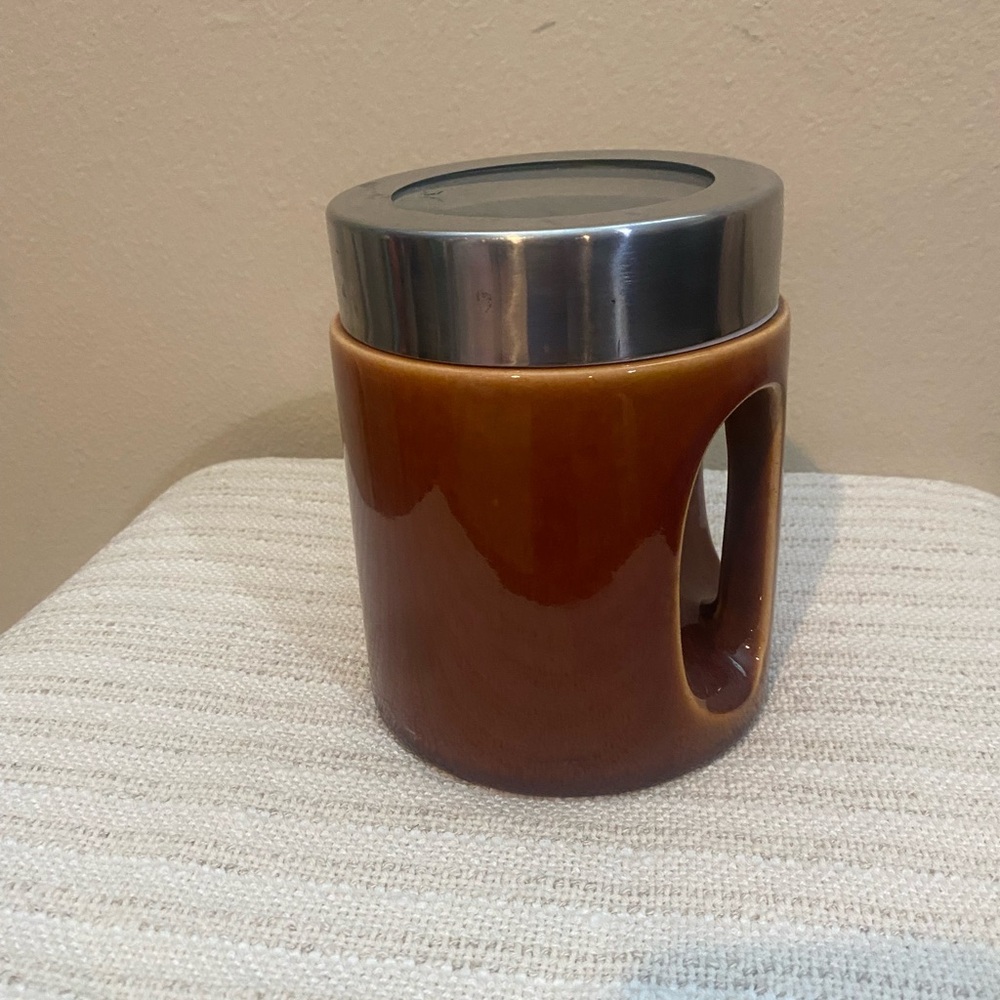 Brown Ceramic Canister with Stainless Steel Lid